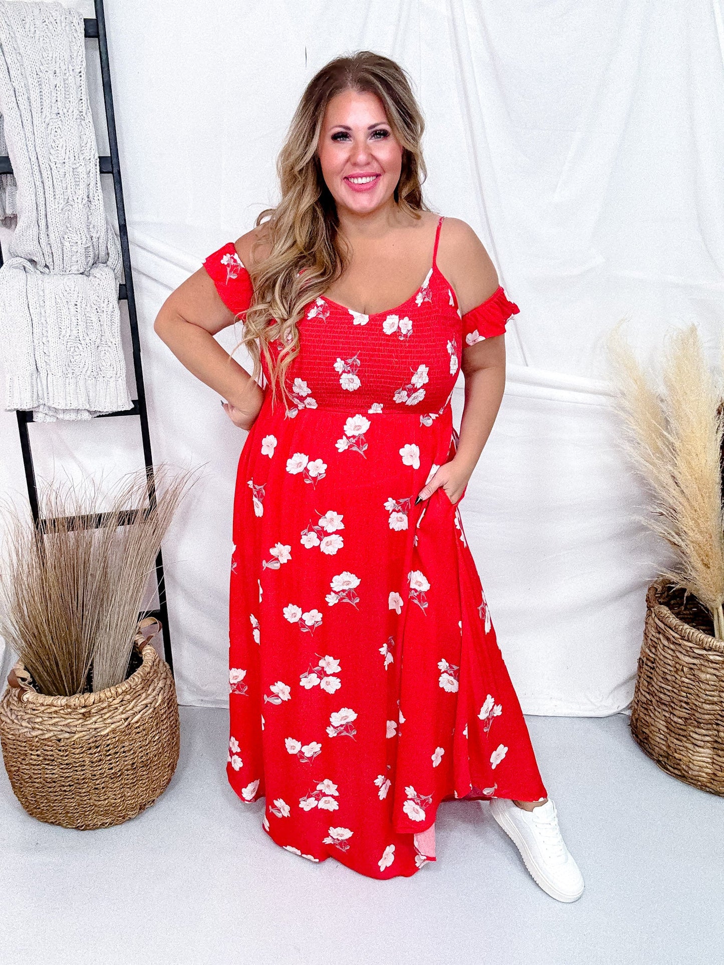 Botanical Garden Red Floral Print Maxi Dress W/ Cold Shoulder Sleeves - Whiskey Skies - DAVI & DANI