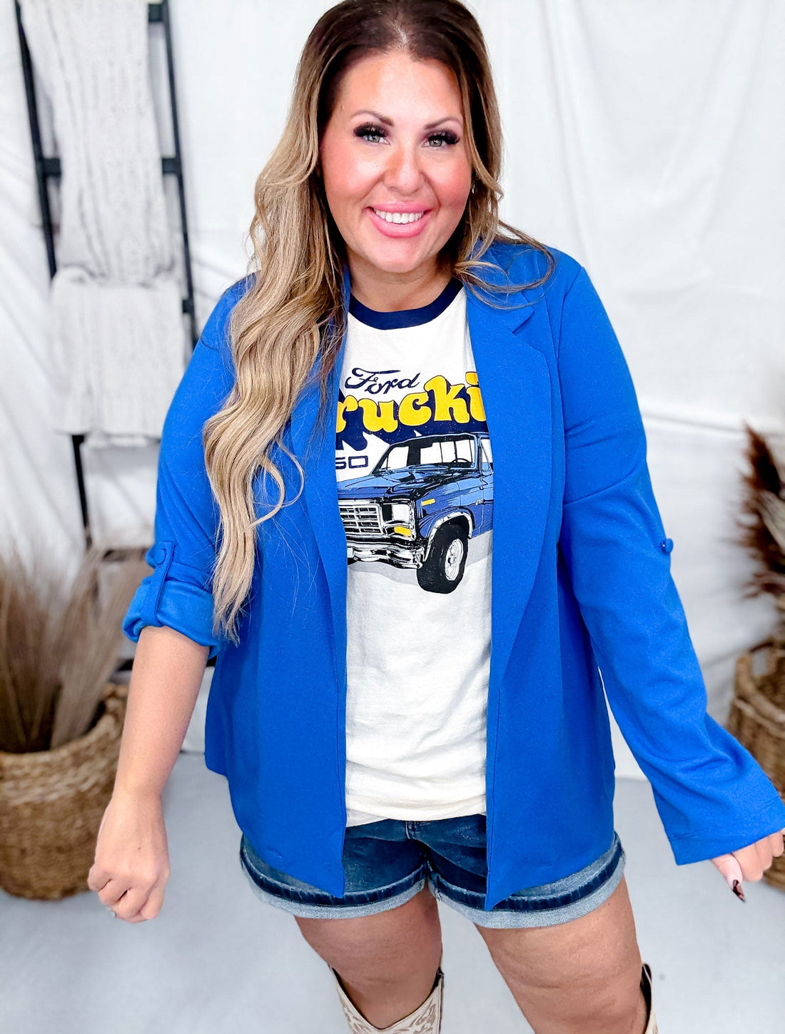 Boyfriend Cut Stretchy Open Front Blazer W/ Rolled Up Sleeves (8 Colors) - Whiskey Skies - ANDREE BY UNIT
