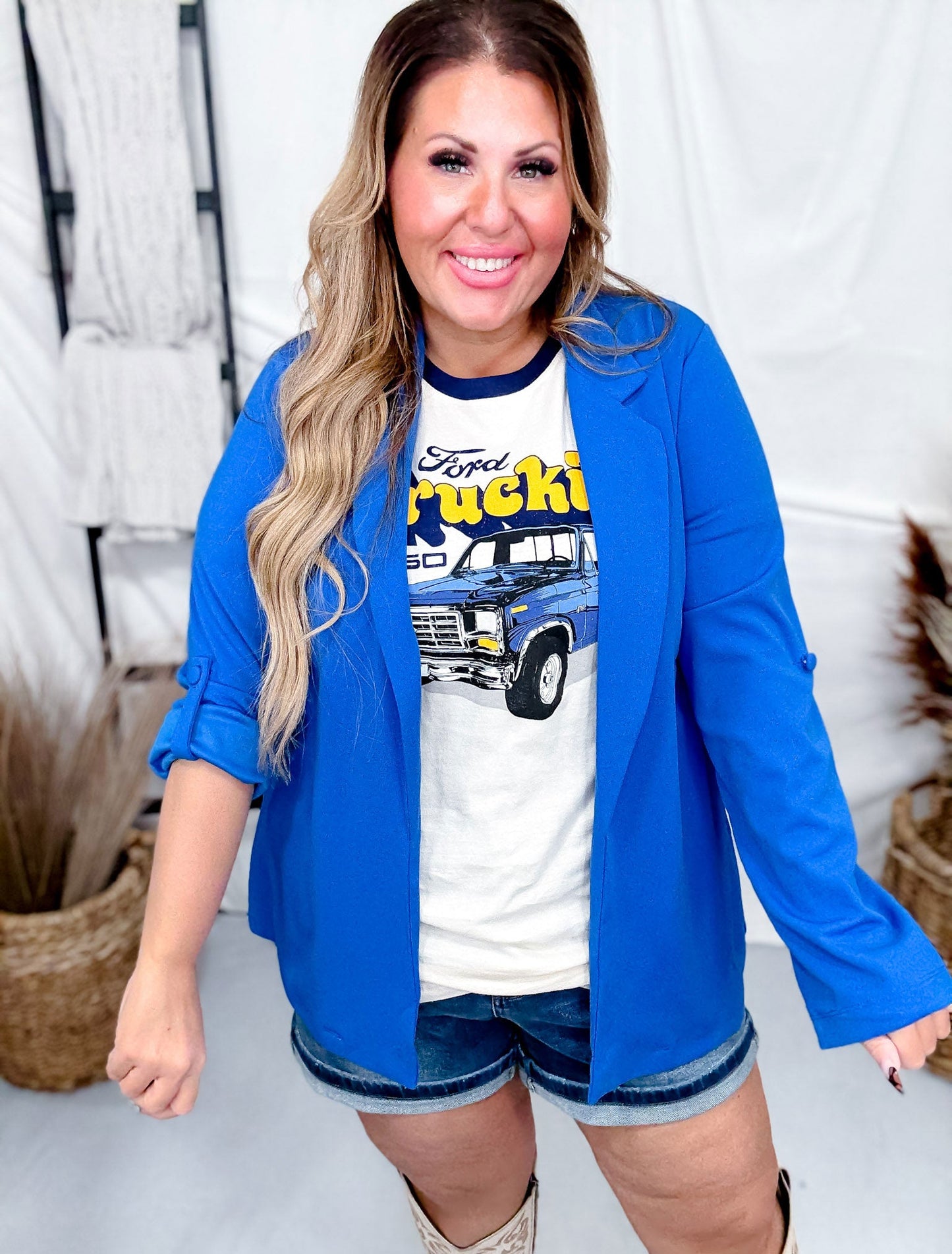Boyfriend Cut Stretchy Open Front Blazer W/ Rolled Up Sleeves (8 Colors) - Whiskey Skies - ANDREE BY UNIT