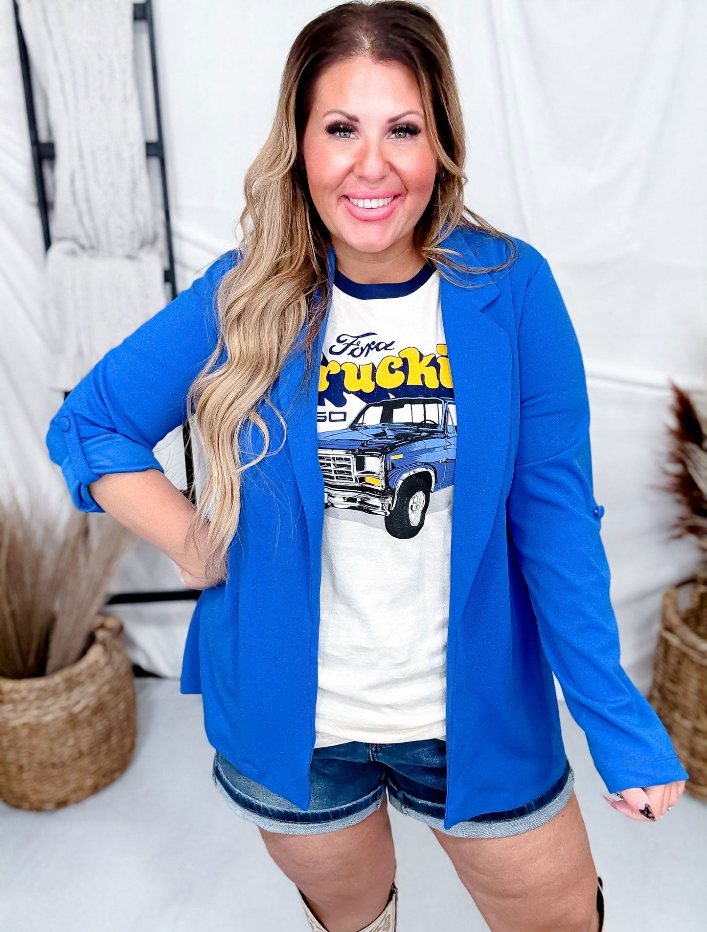 Boyfriend Cut Stretchy Open Front Blazer W/ Rolled Up Sleeves (8 Colors) - Whiskey Skies - ANDREE BY UNIT