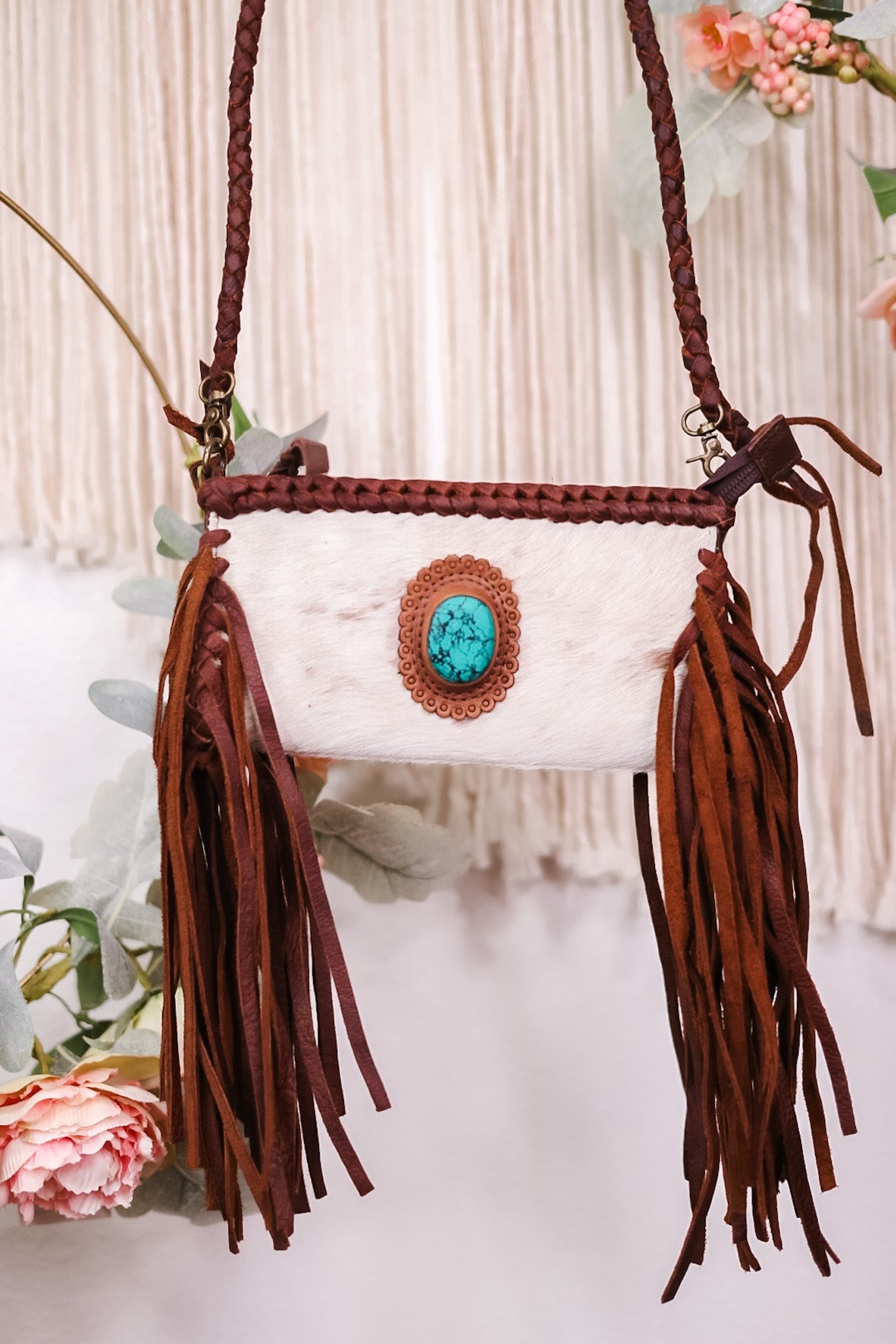 Braided Leather and Cowhide Clutch with Turquoise Accent - Whiskey Skies - AMERICAN DARLING