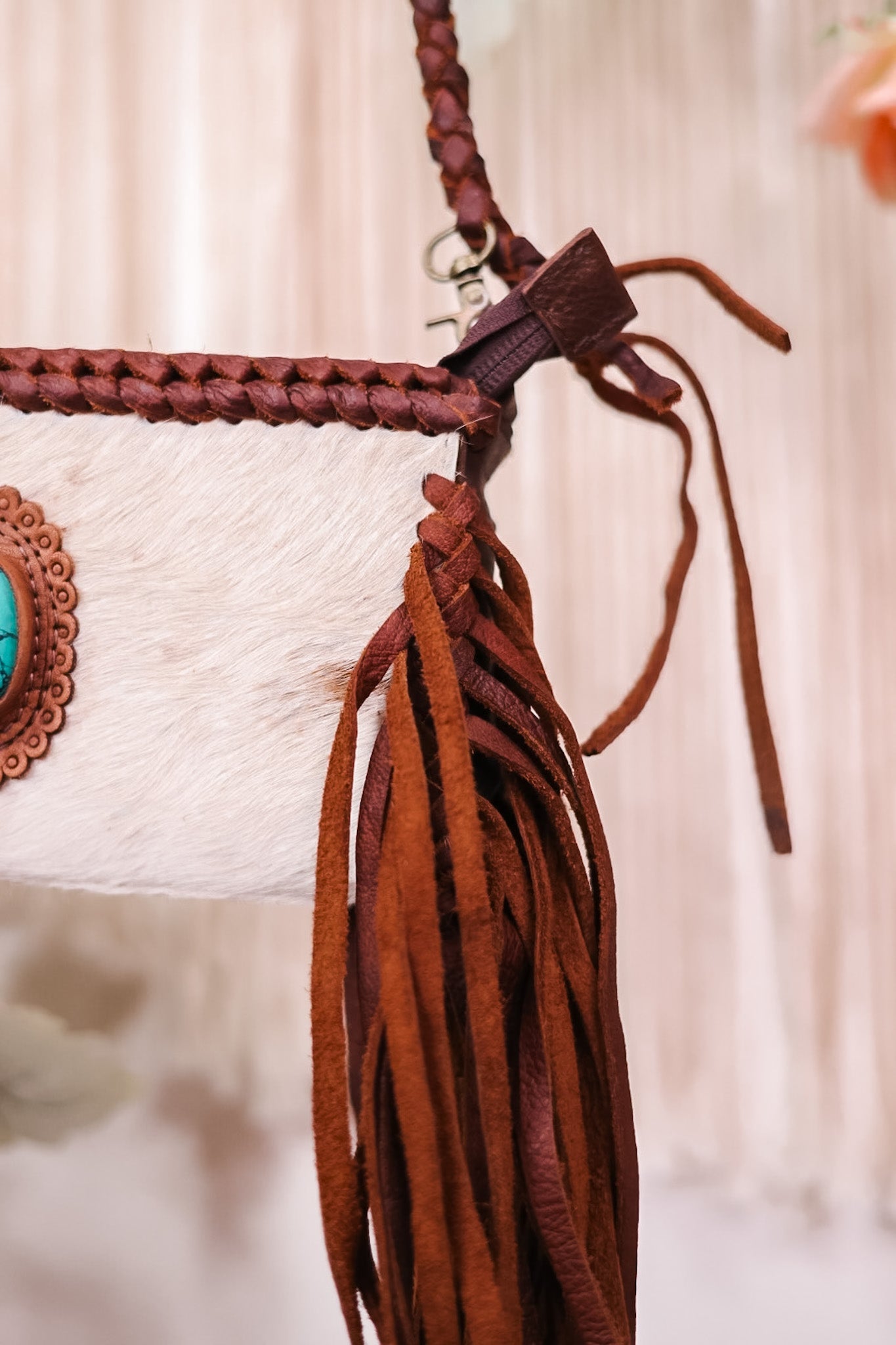 Braided Leather and Cowhide Clutch with Turquoise Accent - Whiskey Skies - AMERICAN DARLING