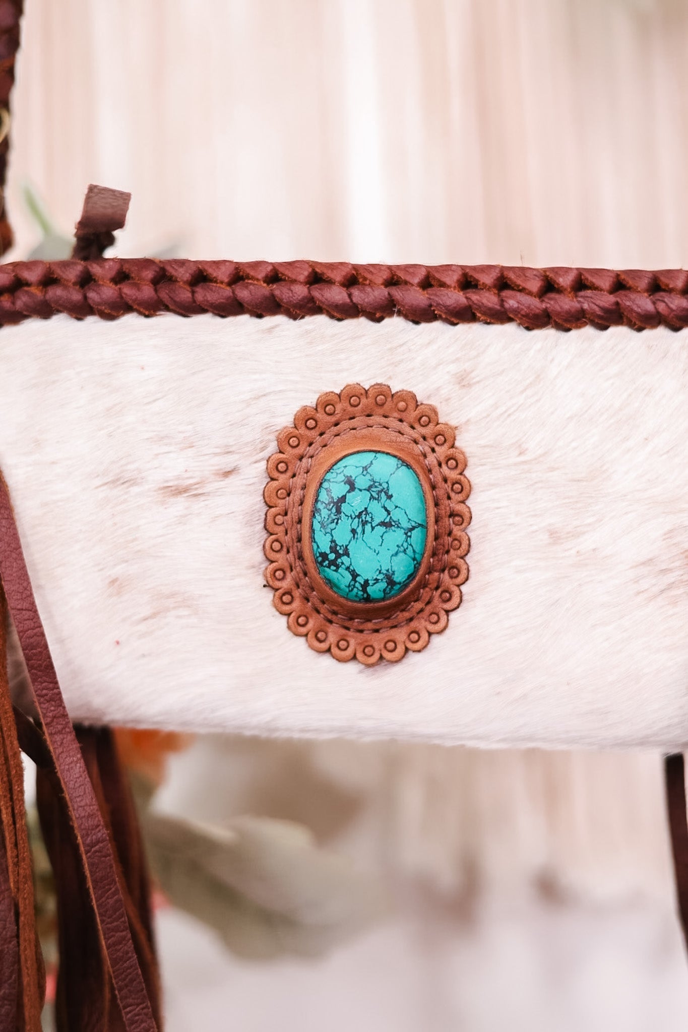 Braided Leather and Cowhide Clutch with Turquoise Accent - Whiskey Skies - AMERICAN DARLING