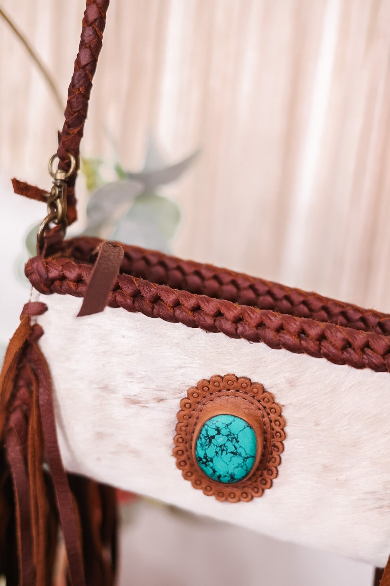 Braided Leather and Cowhide Clutch with Turquoise Accent - Whiskey Skies - AMERICAN DARLING