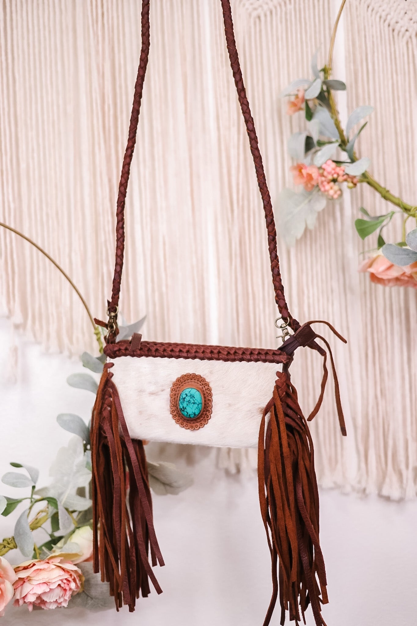 Braided Leather and Cowhide Clutch with Turquoise Accent - Whiskey Skies - AMERICAN DARLING