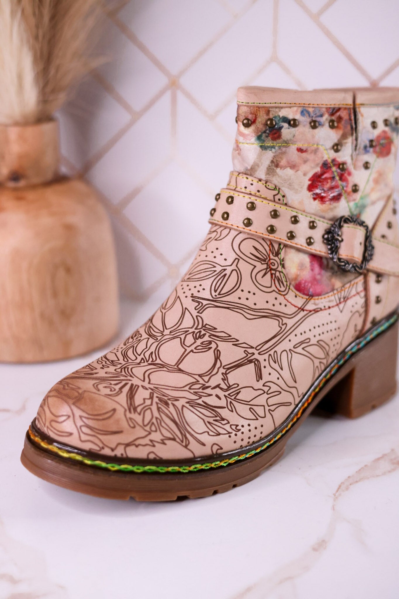 Branchout Floral Leather Boots With Antique Style Buckle - Whiskey Skies - SPRING FOOTWEAR