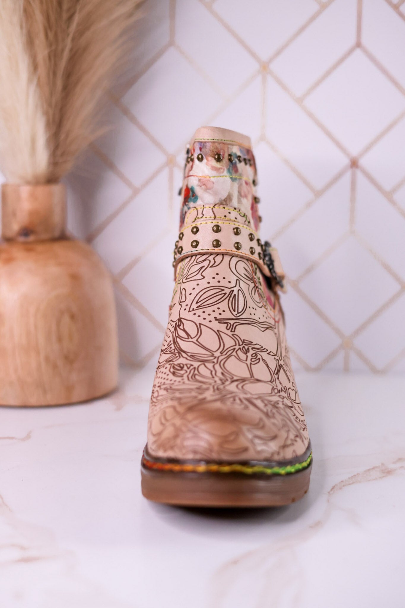 Branchout Floral Leather Boots With Antique Style Buckle - Whiskey Skies - SPRING FOOTWEAR