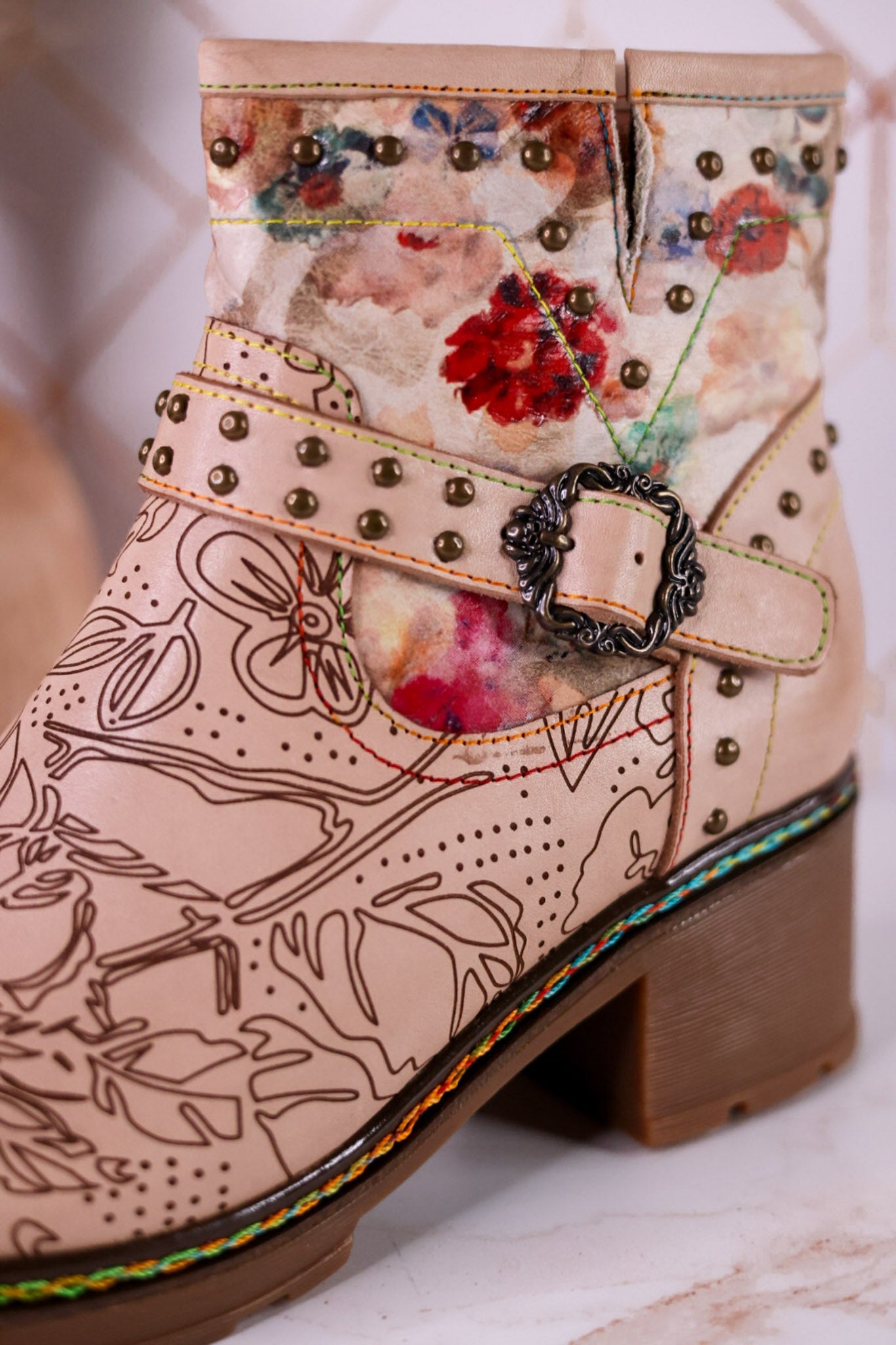 Branchout Floral Leather Boots With Antique Style Buckle - Whiskey Skies - SPRING FOOTWEAR