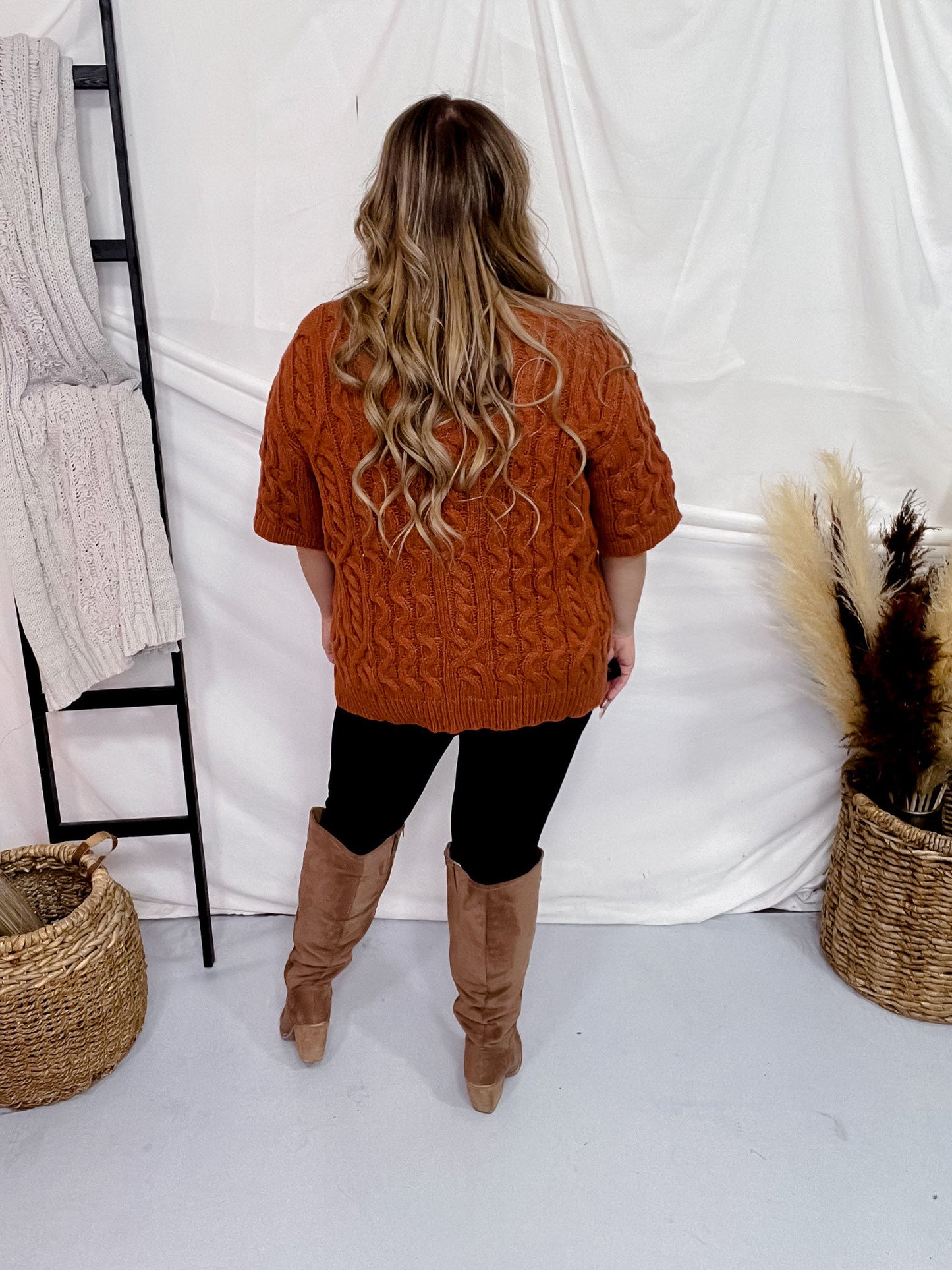 Brick Colored Cable Knit Short Sleeve Button Up Sweater - Whiskey Skies - GEEGEE