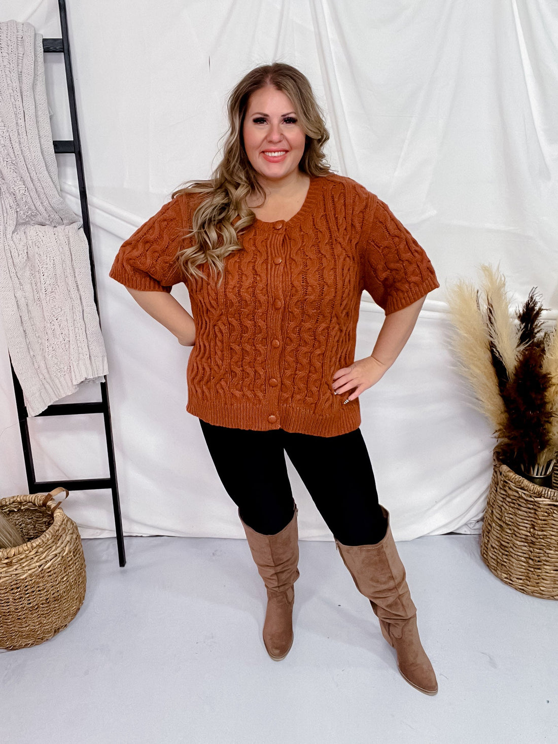 Brick Colored Cable Knit Short Sleeve Button Up Sweater - Whiskey Skies - GEEGEE