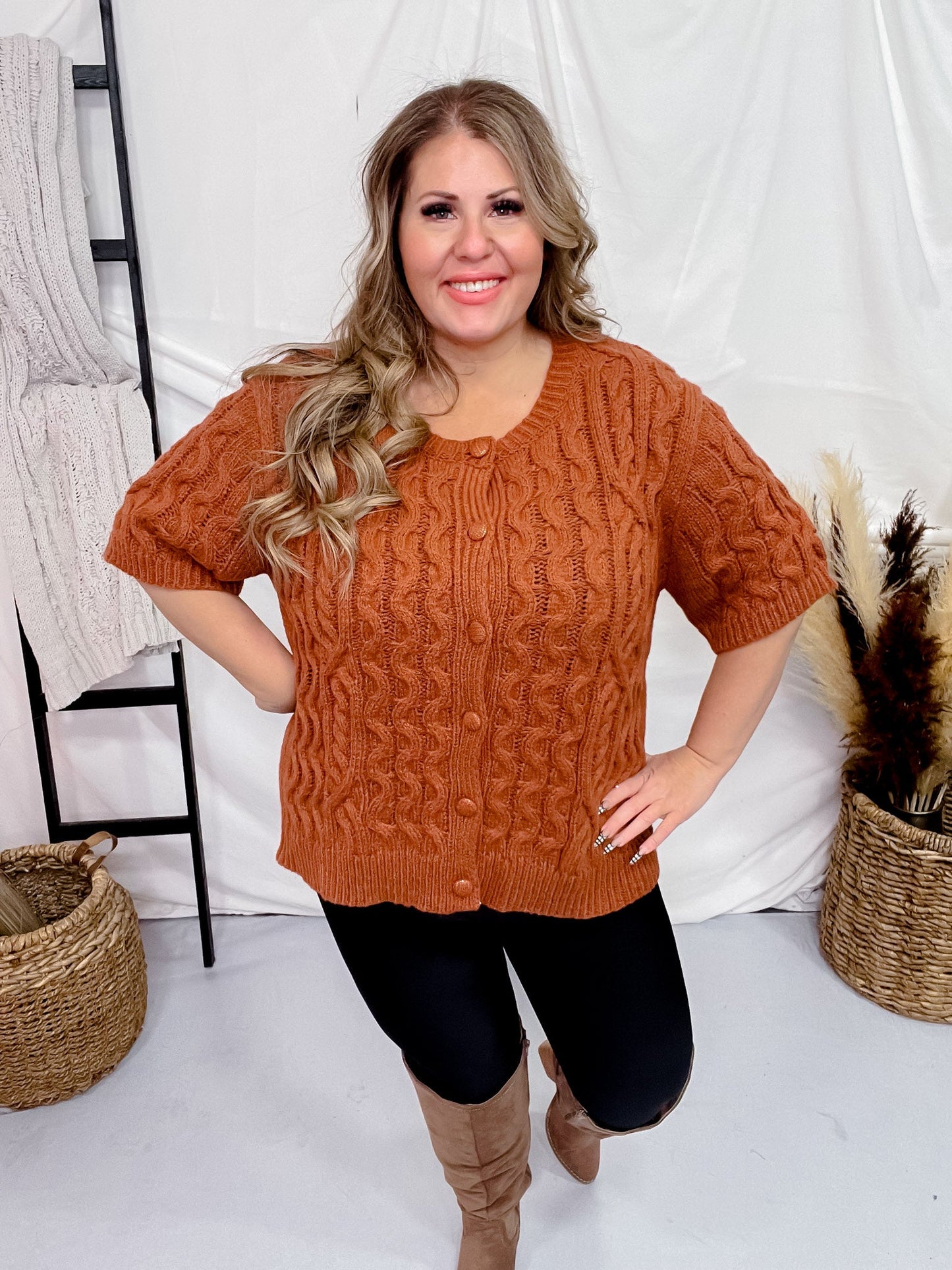 Brick Colored Cable Knit Short Sleeve Button Up Sweater - Whiskey Skies - GEEGEE