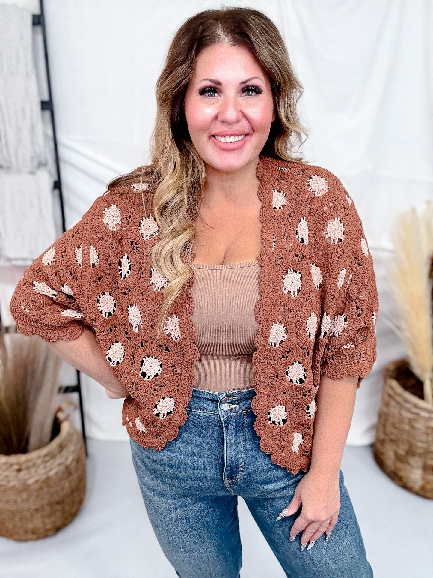 Brick & Latte Long Sleeve Open Knit Cardigan - Whiskey Skies - POL CLOTHING INC.