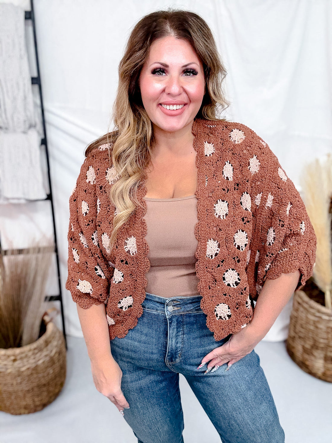 Brick & Latte Long Sleeve Open Knit Cardigan - Whiskey Skies - POL CLOTHING INC.