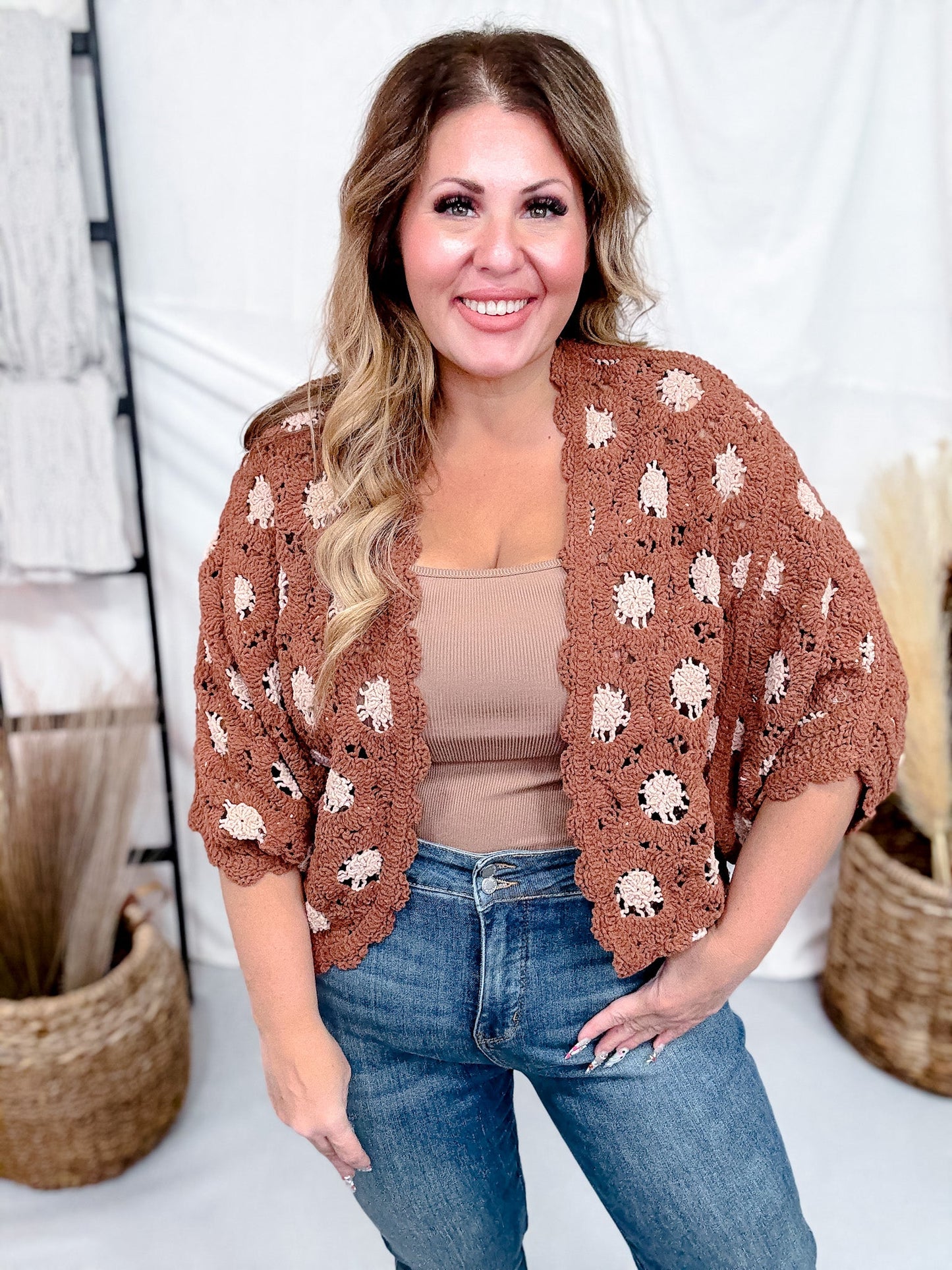 Brick & Latte Long Sleeve Open Knit Cardigan - Whiskey Skies - POL CLOTHING INC.