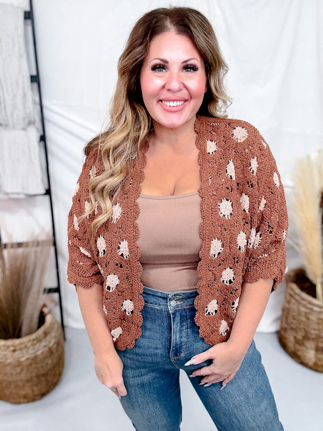 Brick & Latte Long Sleeve Open Knit Cardigan - Whiskey Skies - POL CLOTHING INC.