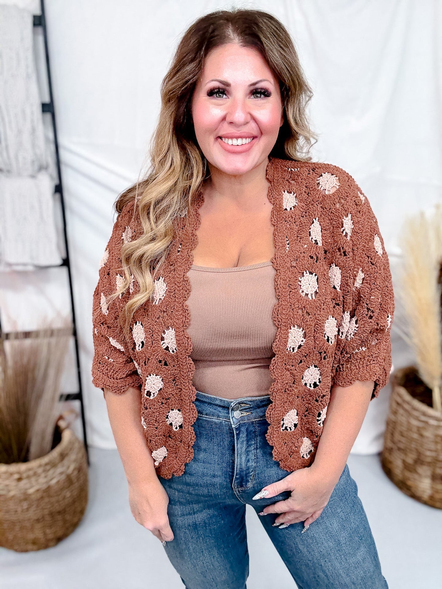 Brick & Latte Long Sleeve Open Knit Cardigan - Whiskey Skies - POL CLOTHING INC.