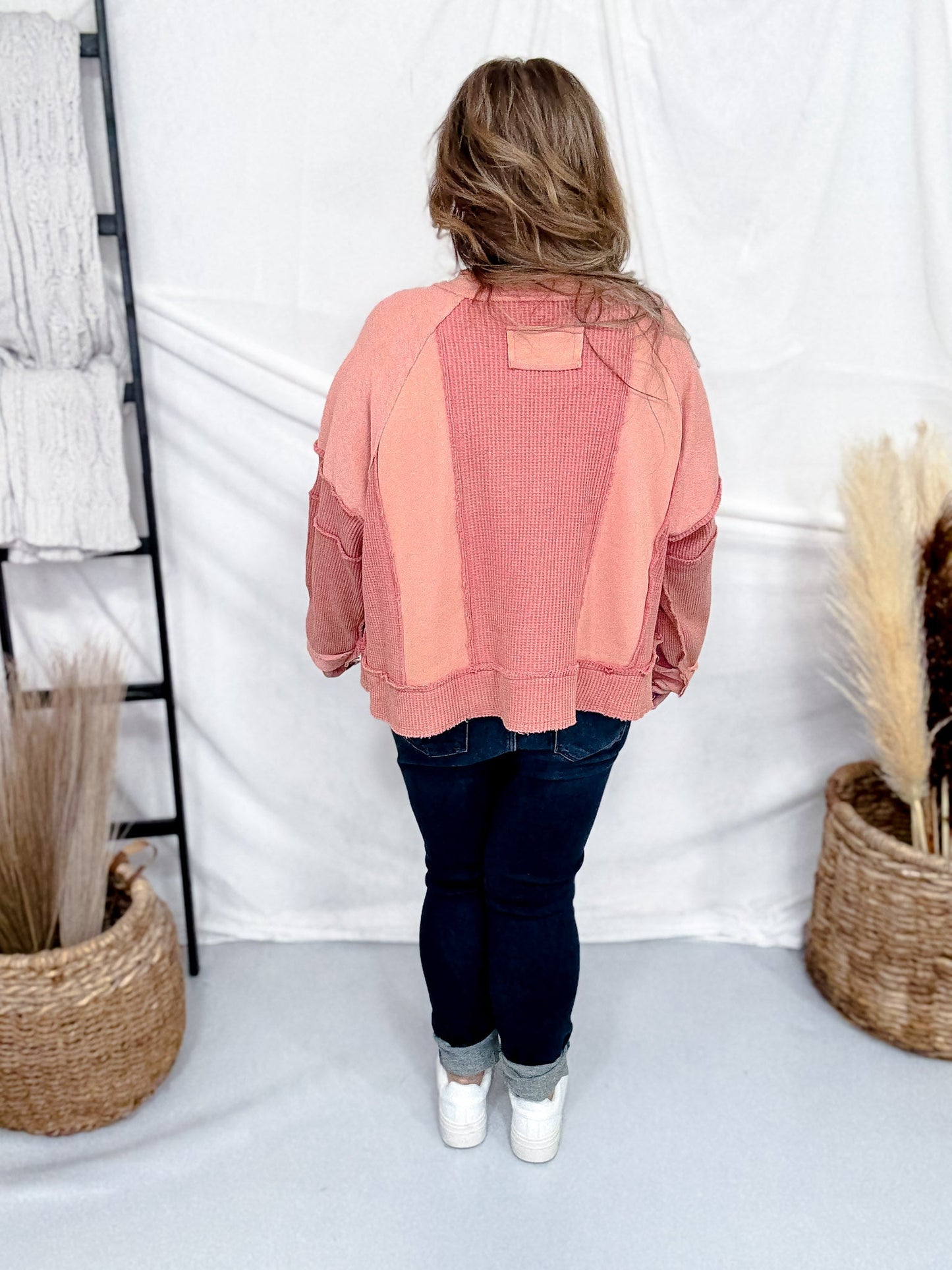 Brick Long Sleeve Contrasting Top With Frayed Edge Details - Whiskey Skies - POL CLOTHING INC.