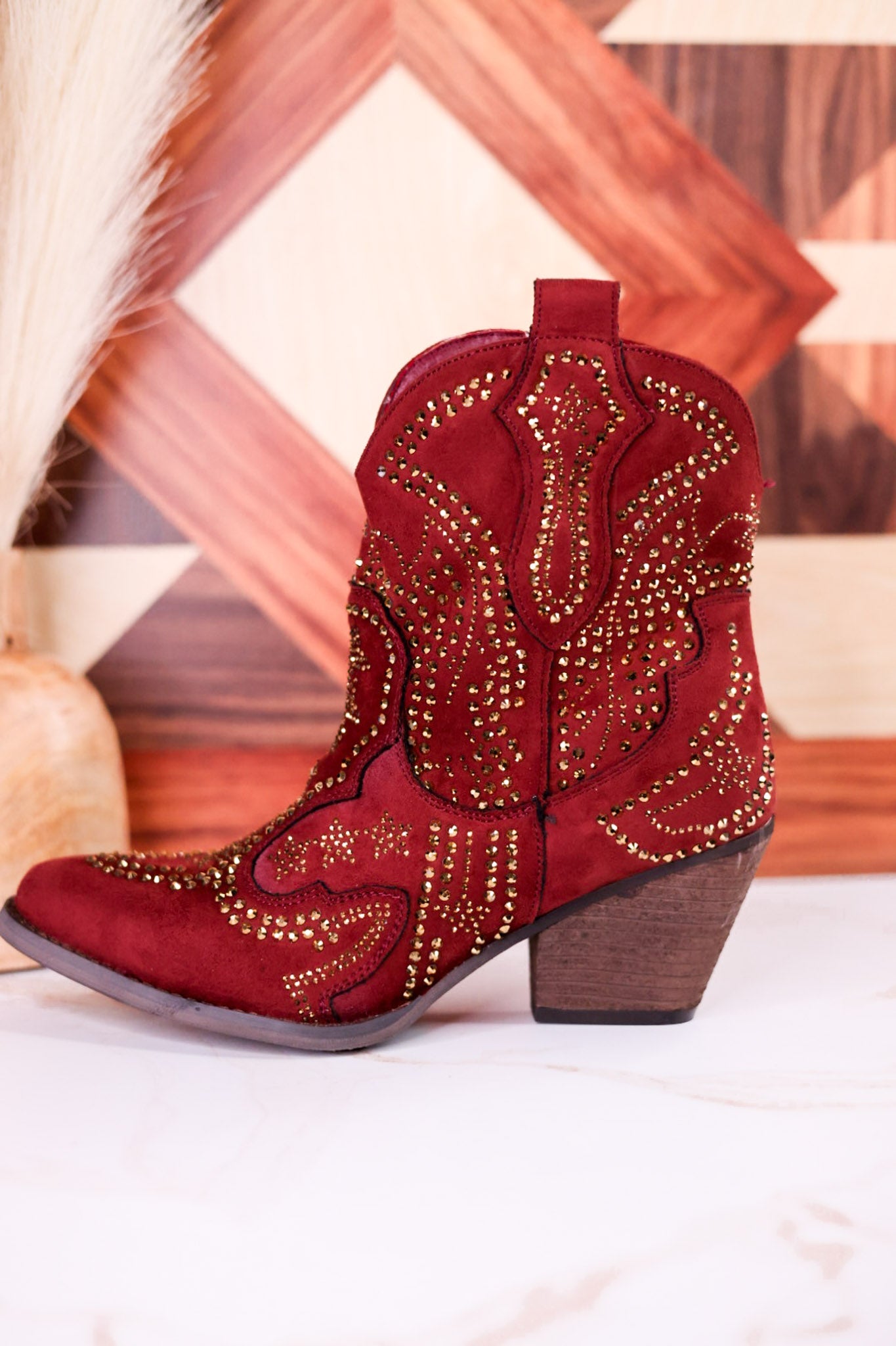 Brick Red Parade Rhinestone Ankle Boots - Whiskey Skies - VERY G