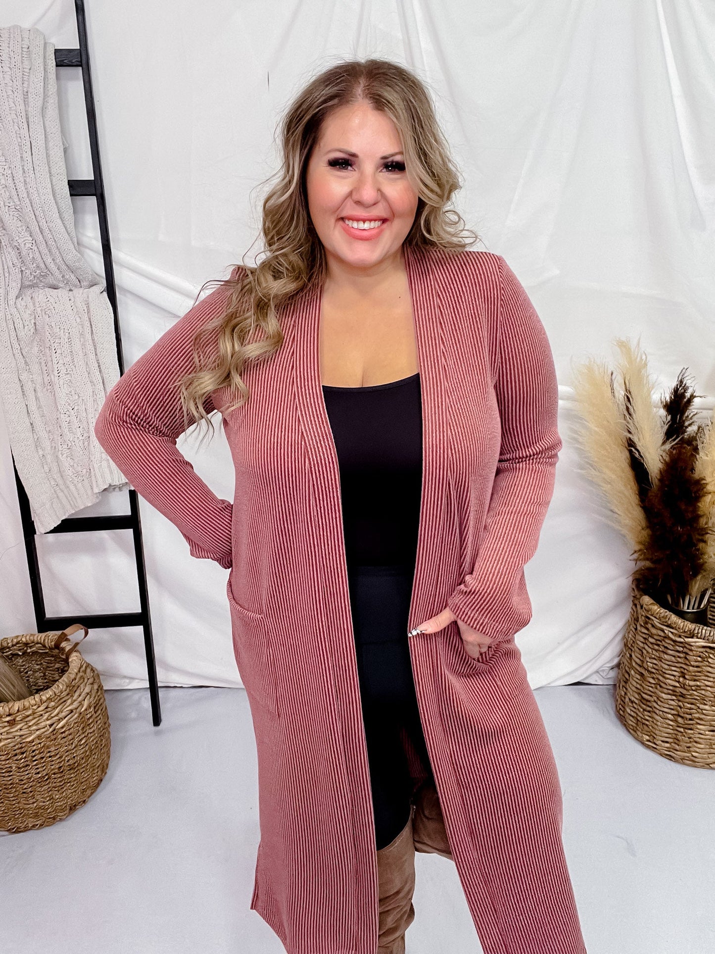 Brick Red Ribbed Long Sleeve Duster with Side Slits - Whiskey Skies - STYLIVE