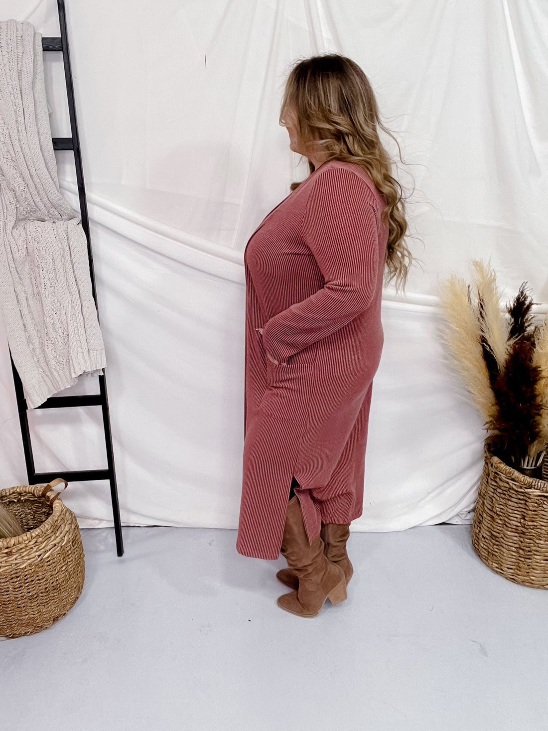 Brick Red Ribbed Long Sleeve Duster with Side Slits - Whiskey Skies - STYLIVE