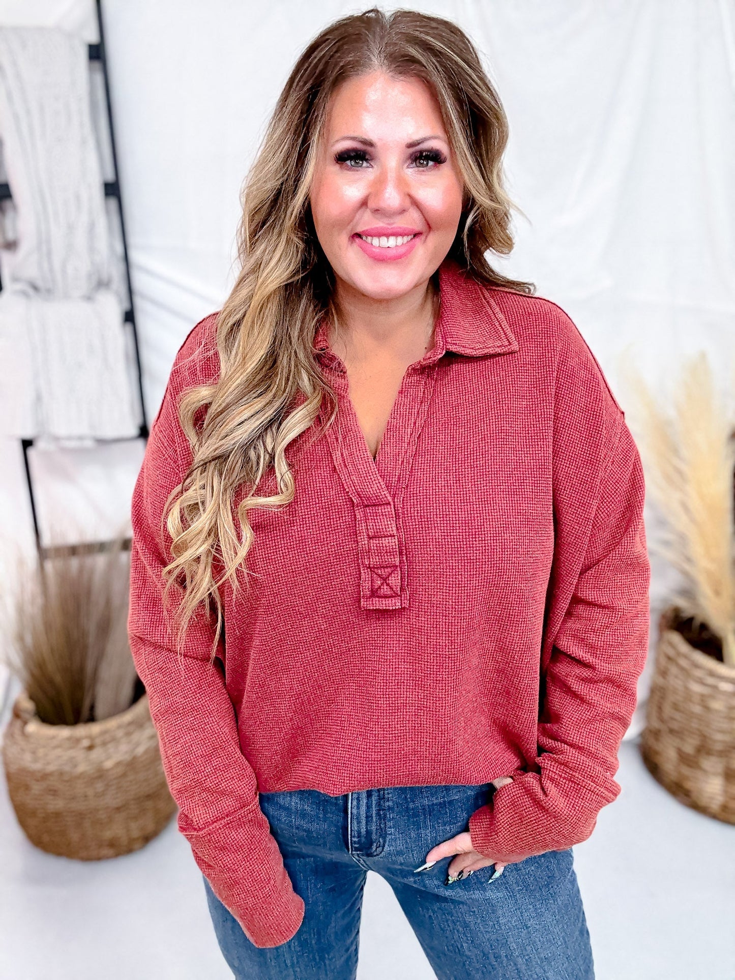 Brick Red Waffle Knit V - Neck Top - Whiskey Skies - ANDREE BY UNIT