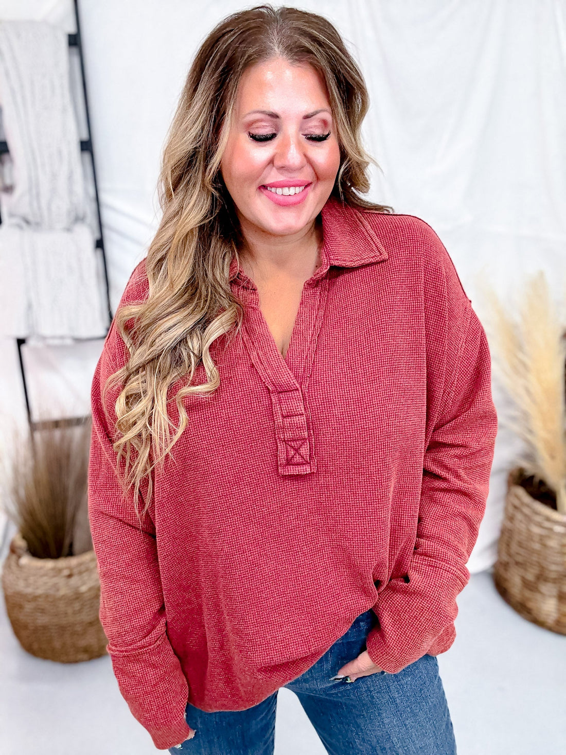 Brick Red Waffle Knit V - Neck Top - Whiskey Skies - ANDREE BY UNIT