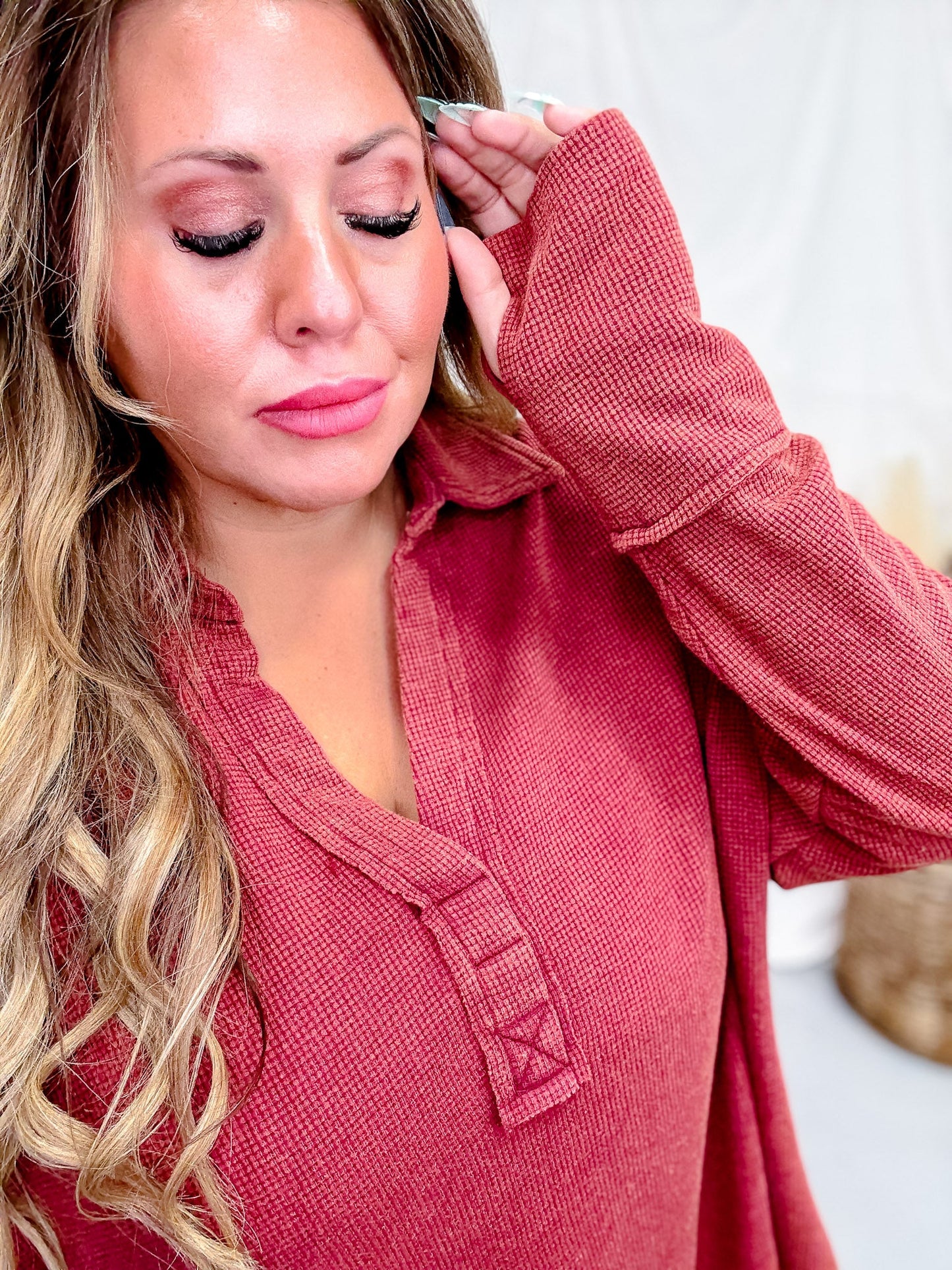 Brick Red Waffle Knit V - Neck Top - Whiskey Skies - ANDREE BY UNIT