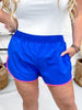 Bright Blue Elastic Waist Shorts With Pink Piping - Whiskey Skies - SOUTHERN GRACE