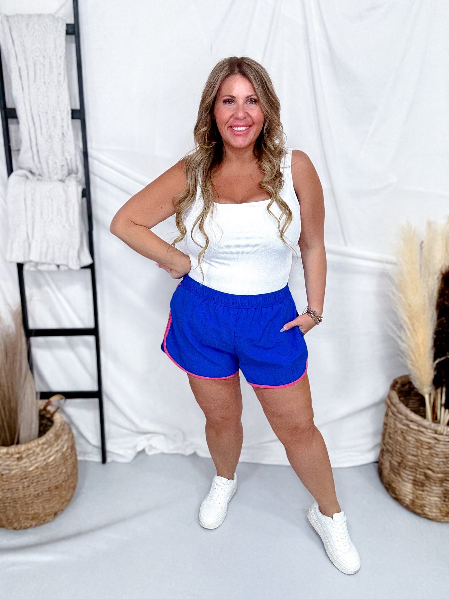 Bright Blue Elastic Waist Shorts With Pink Piping - Whiskey Skies - SOUTHERN GRACE