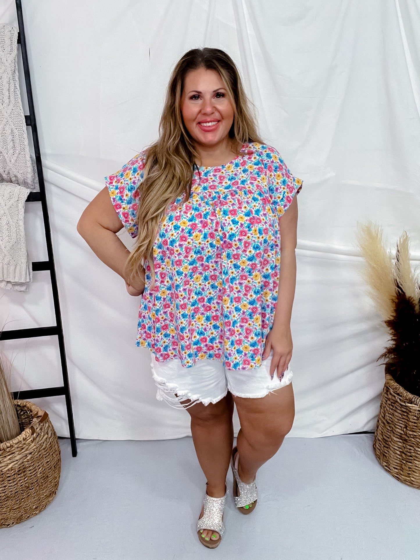 Bright Multicolored Floral Print Round Neck Top - Whiskey Skies - ANDREE BY UNIT