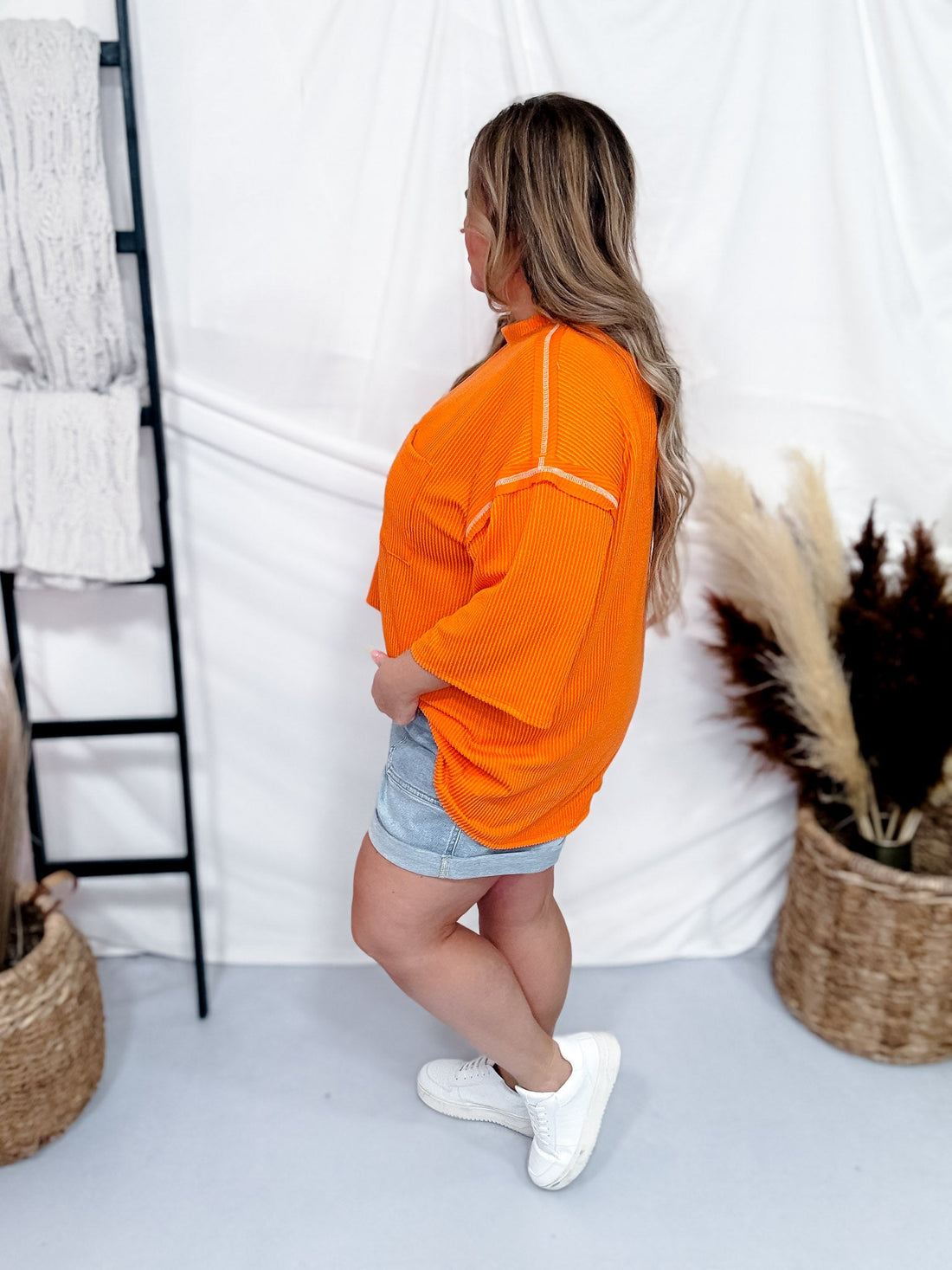 Bright Orange Reverse Stitch Front Pocket Top - Whiskey Skies - SEW IN LOVE