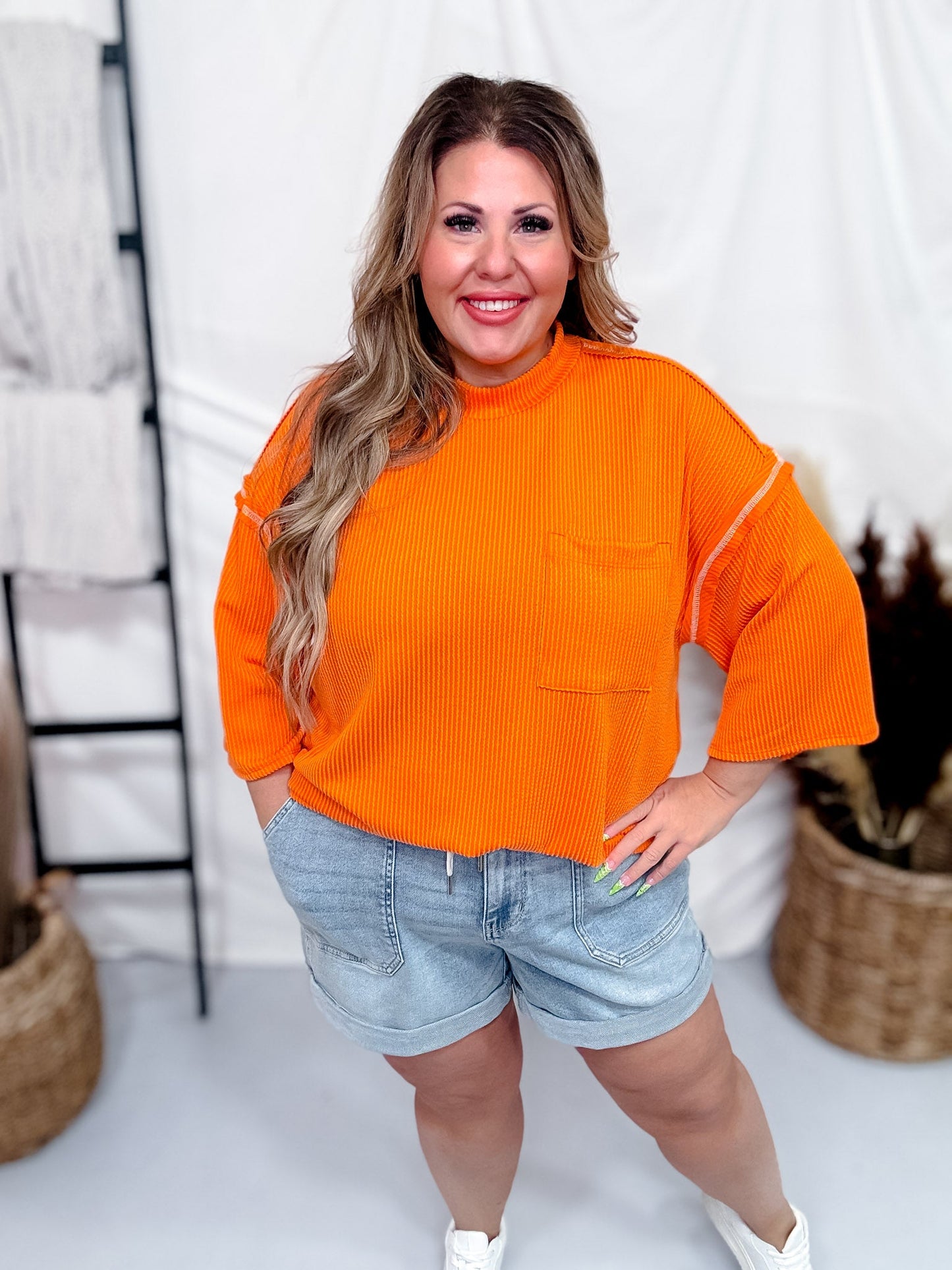 Bright Orange Reverse Stitch Front Pocket Top - Whiskey Skies - SEW IN LOVE