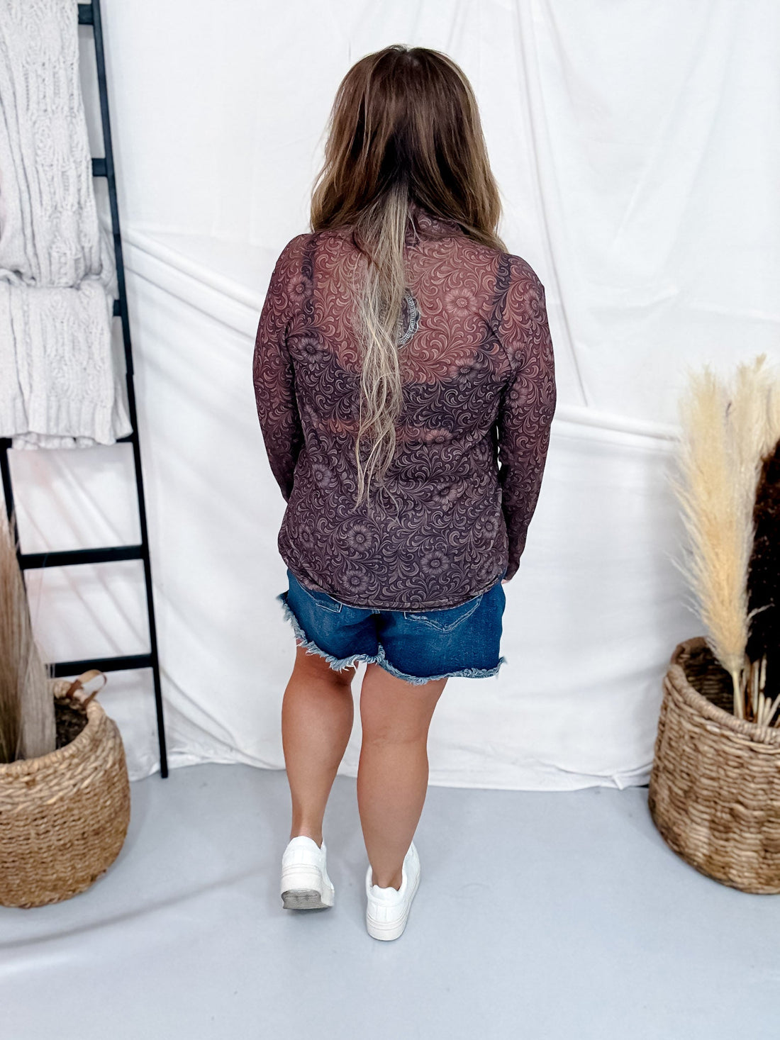 Bronzed Bloom Long Sleeve Mesh Top - Whiskey Skies - STERLING KREEK