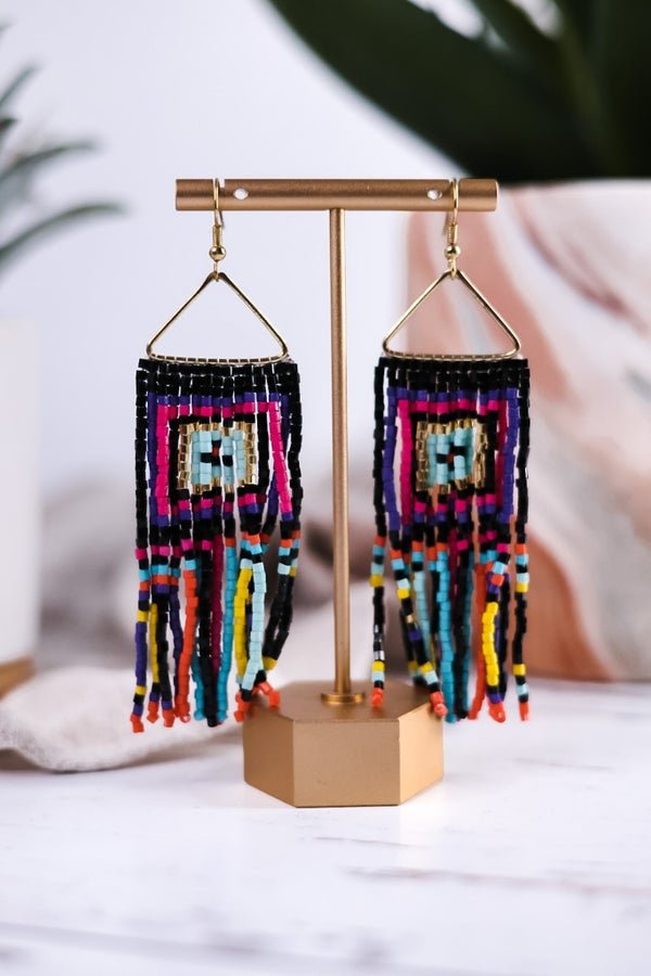 Brooke Squares Beaded Fringe Earrings Neon Black - Whiskey Skies - INK+ALLOY