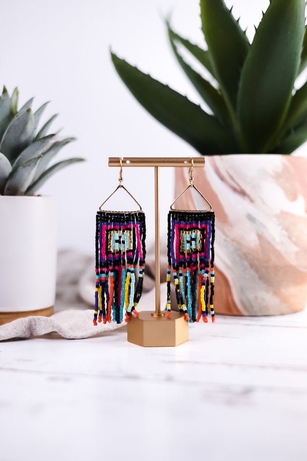 Brooke Squares Beaded Fringe Earrings Neon Black - Whiskey Skies - INK+ALLOY