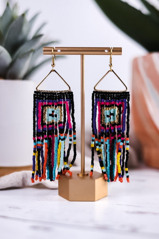 Brooke Squares Beaded Fringe Earrings Neon Black - Whiskey Skies - INK+ALLOY