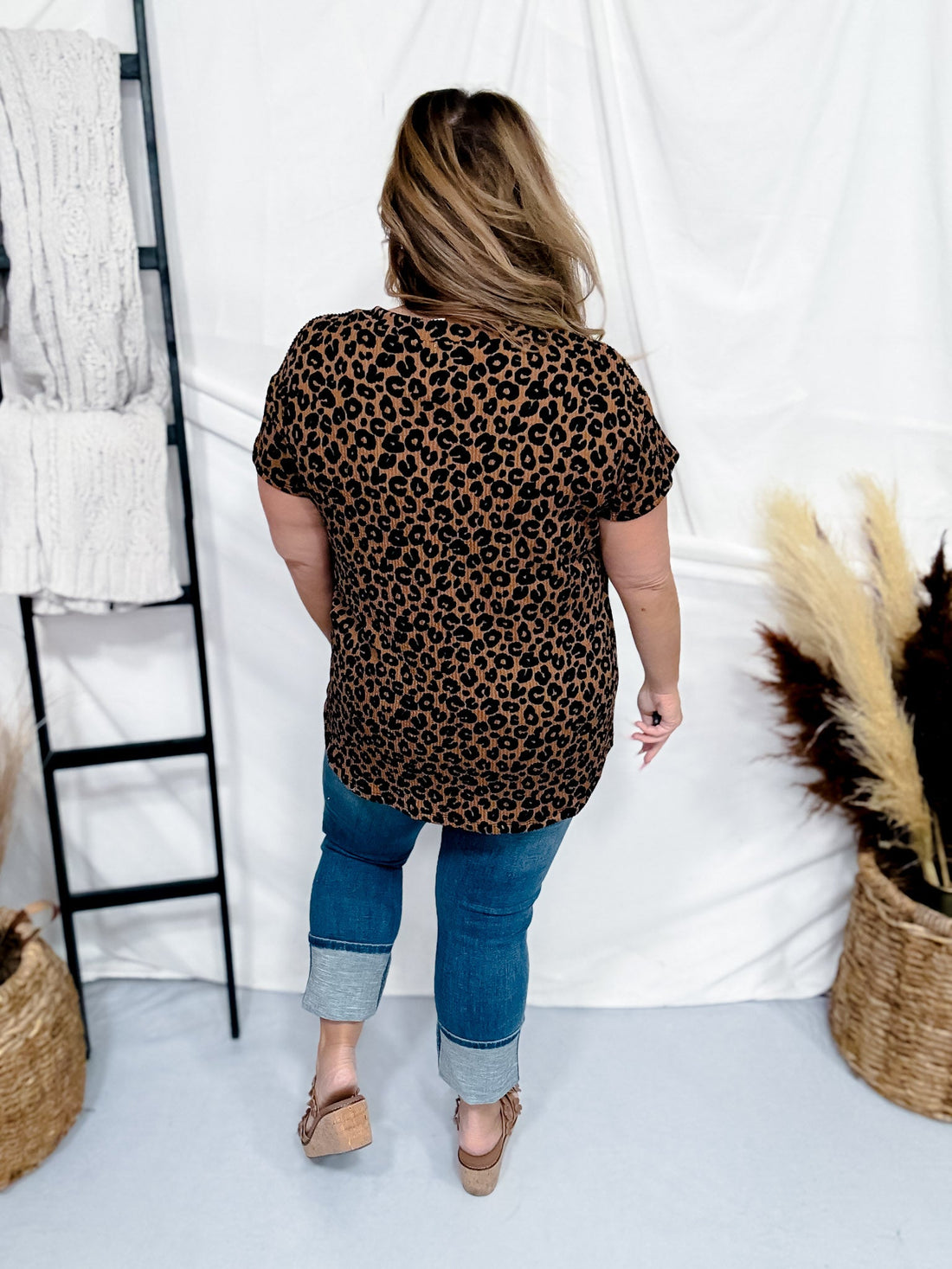 Brown Animal Rib Print Short Sleeve V - Neck Top - Whiskey Skies - BE STAGE