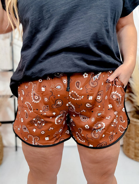 Brown Bandana Babe Drawstring Shorts - Whiskey Skies - STERLING KREEK