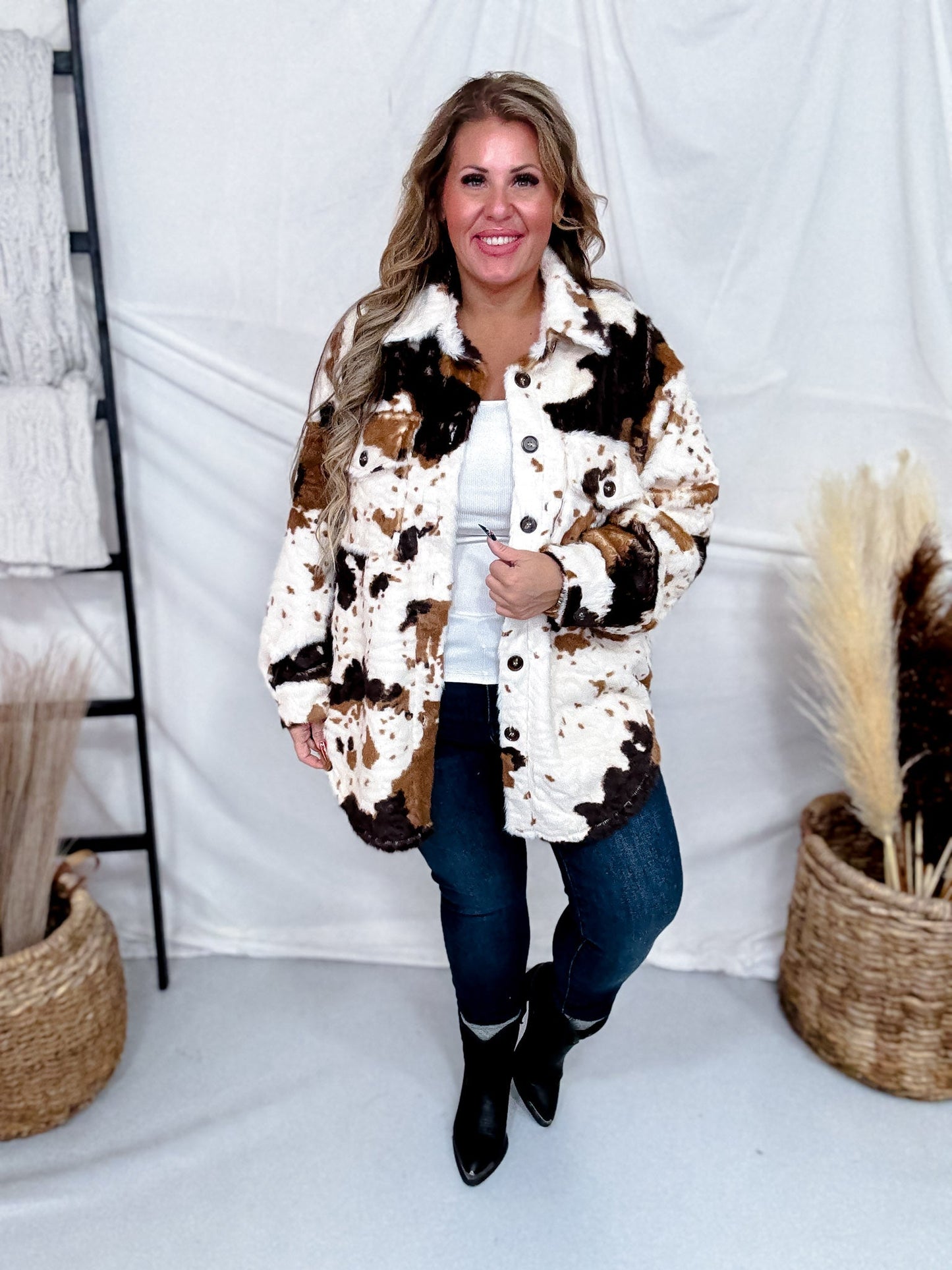 Brown & Black Cow Print Faux Fur Shacket - Whiskey Skies - DAVI & DANI