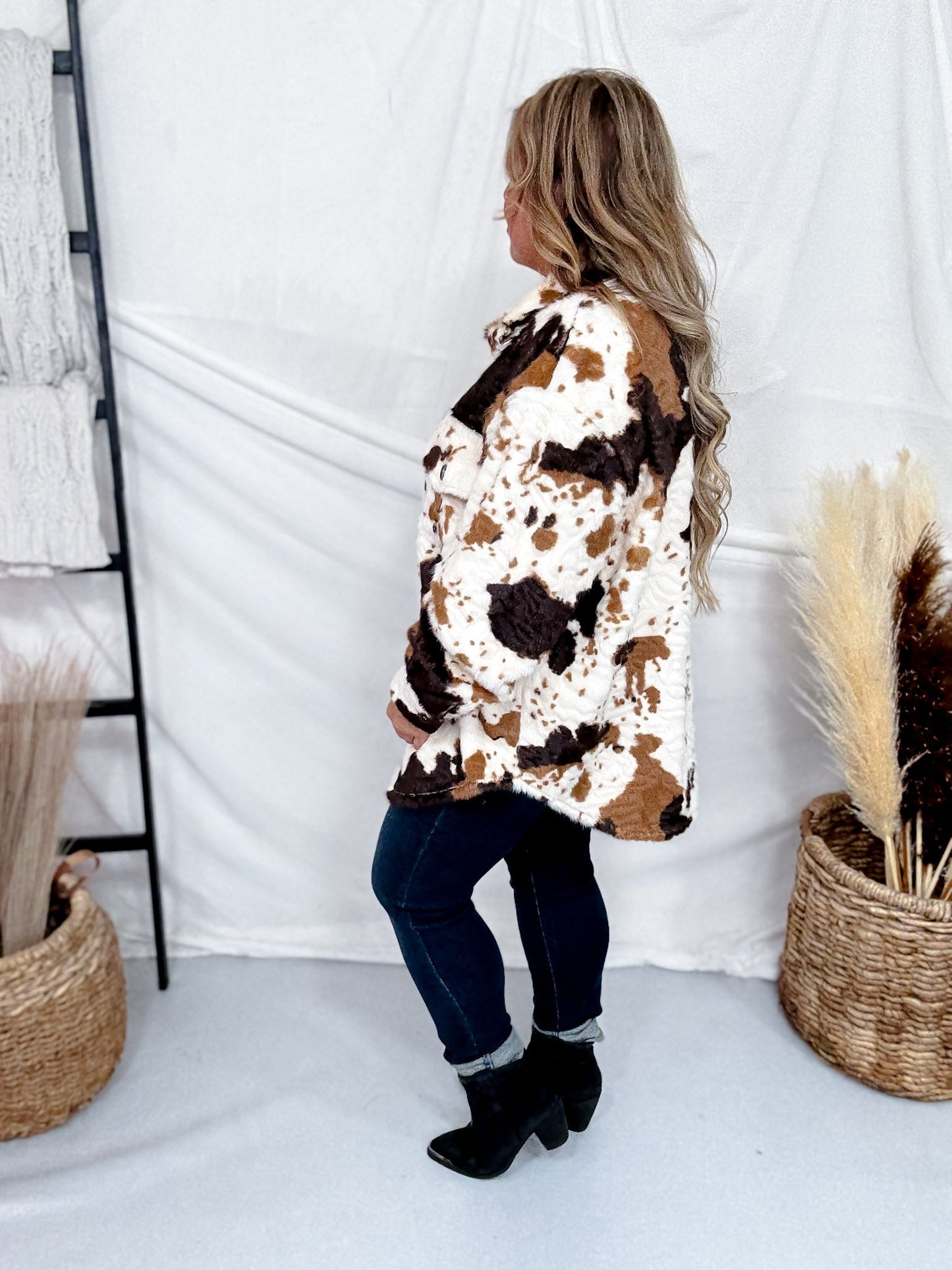 Brown & Black Cow Print Faux Fur Shacket - Whiskey Skies - DAVI & DANI