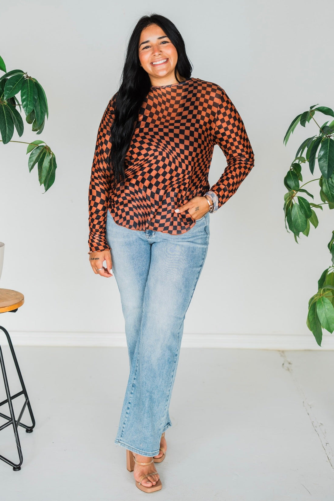 Brown & Black Long Sleeve Checkerboard Top - Whiskey Skies - DAVI & DANI