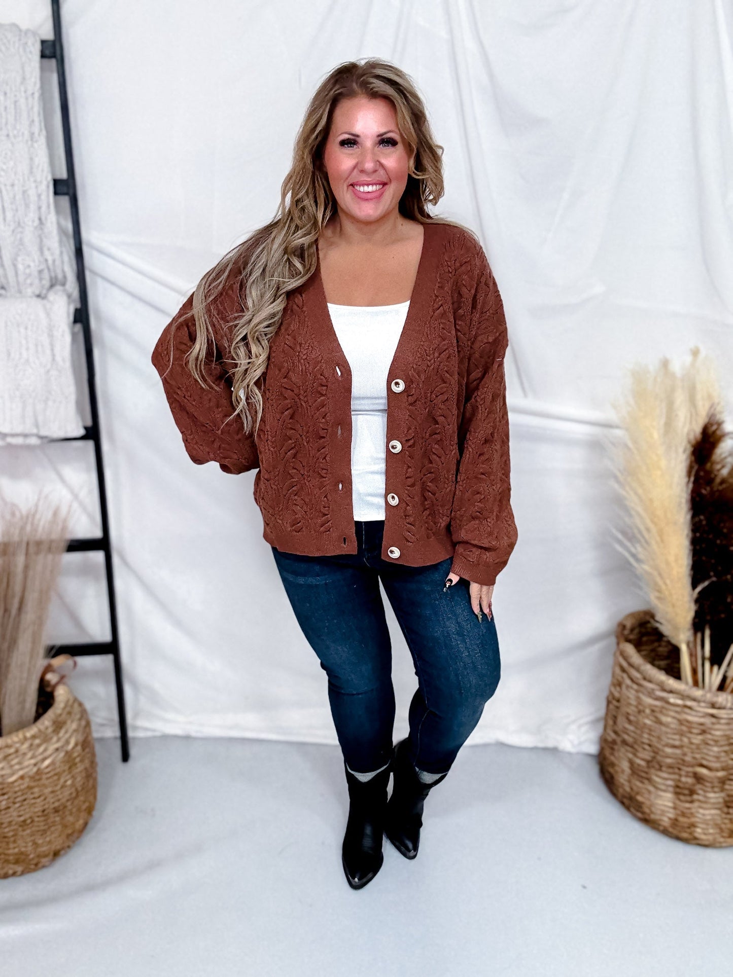 Brown Button Front Cable Knit Cardigan - Whiskey Skies - WHITE BIRCH