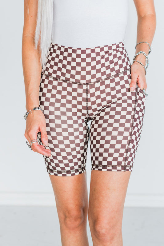 Brown Checkered Biker Shorts - Whiskey Skies - RODEO HIPPIE