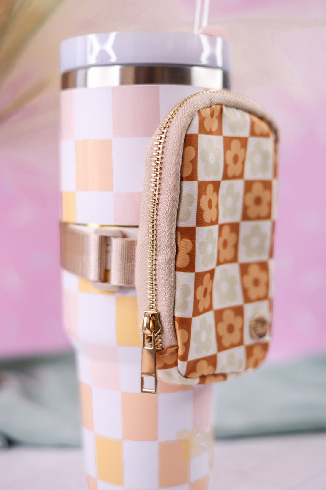 Brown Checkered Flower Fanny Pack for Tumbler - Whiskey Skies - THE DARLING EFFECT