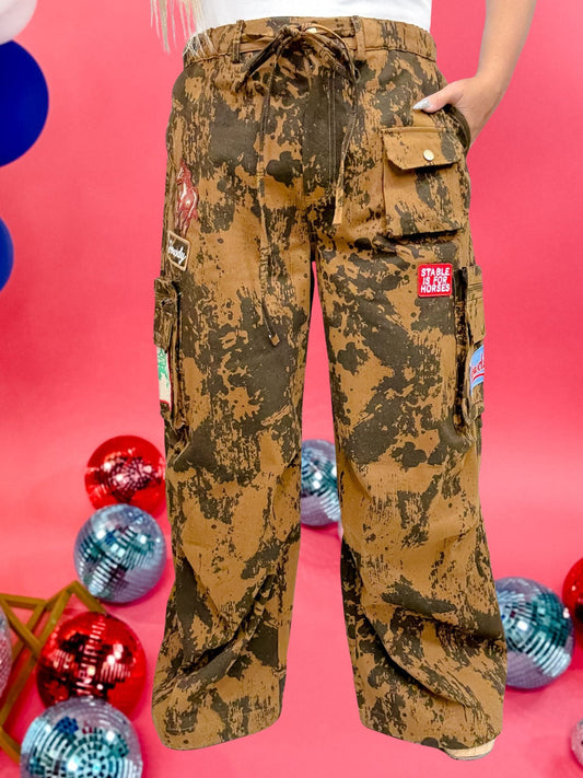 Brown Cow Camo Print Cargo Pants With Western Patches - Whiskey Skies - DAVI & DANI