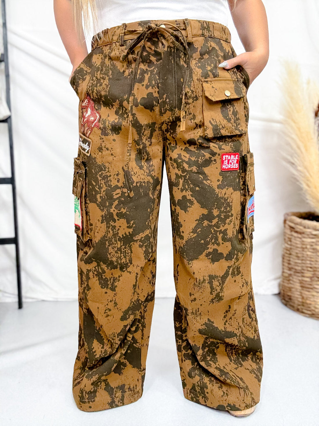 Brown Cow Camo Print Cargo Pants With Western Patches - Whiskey Skies - DAVI & DANI