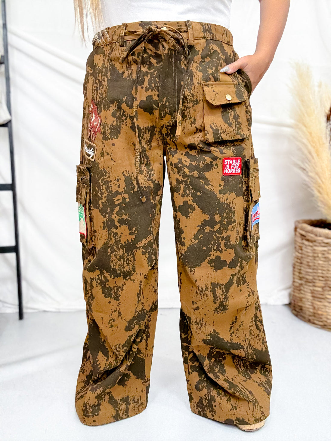 Brown Cow Camo Print Cargo Pants With Western Patches - Whiskey Skies - DAVI & DANI