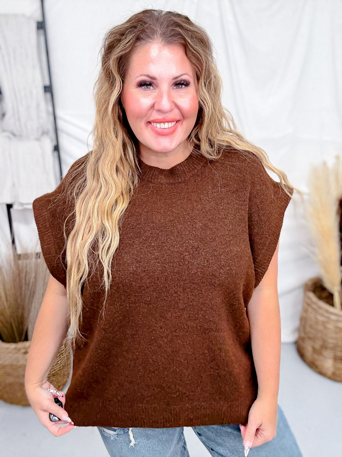 Brown Crew Neck Sweater Vest - Whiskey Skies - GEEGEE