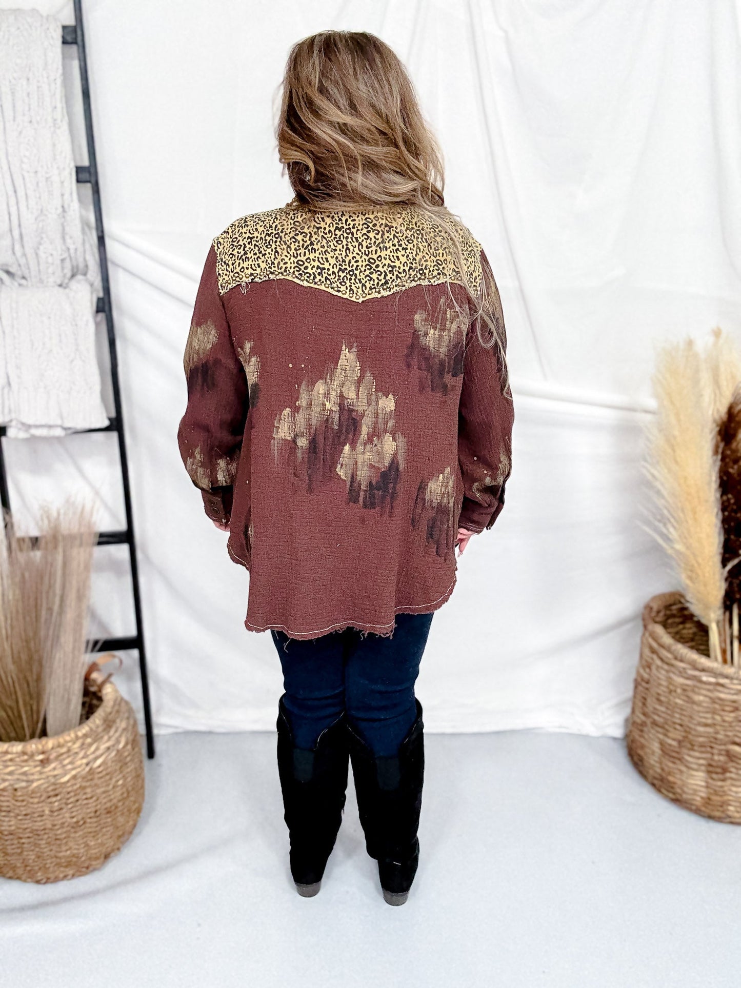 Brown Distressed Shacket With Leopard Print Patches - Whiskey Skies - POL CLOTHING INC.