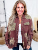 Brown Distressed Shacket With Leopard Print Patches - Whiskey Skies - POL CLOTHING INC.
